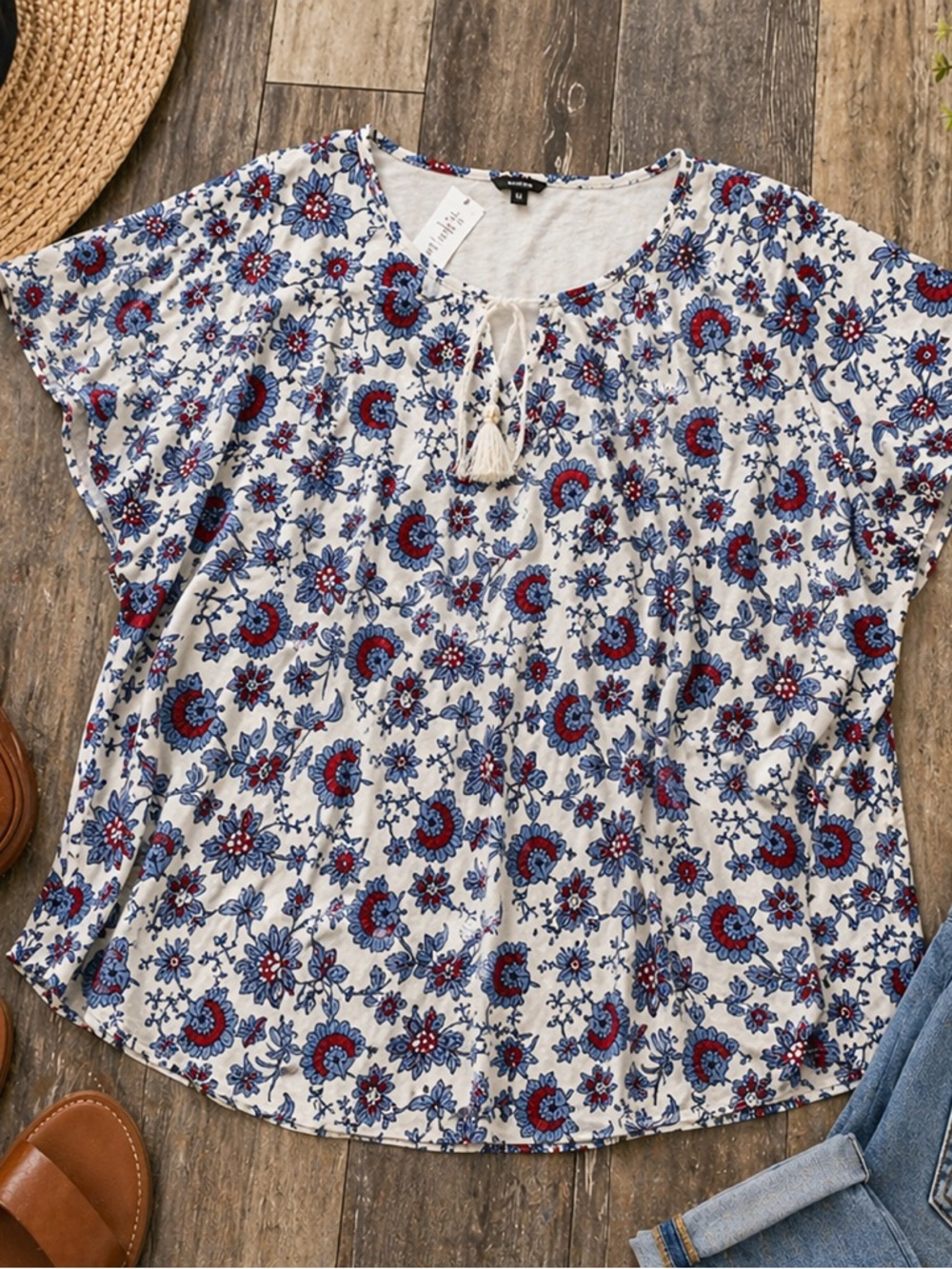 Lane Bryant White Floral Tie-Front Peasant Top - Blue & Red